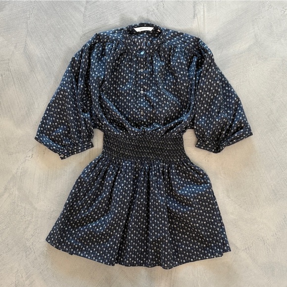 Rebecca Taylor Navy Blue Floral Long Sleeve x Material Smocked Waist Mini Dress - Picture 3 of 12